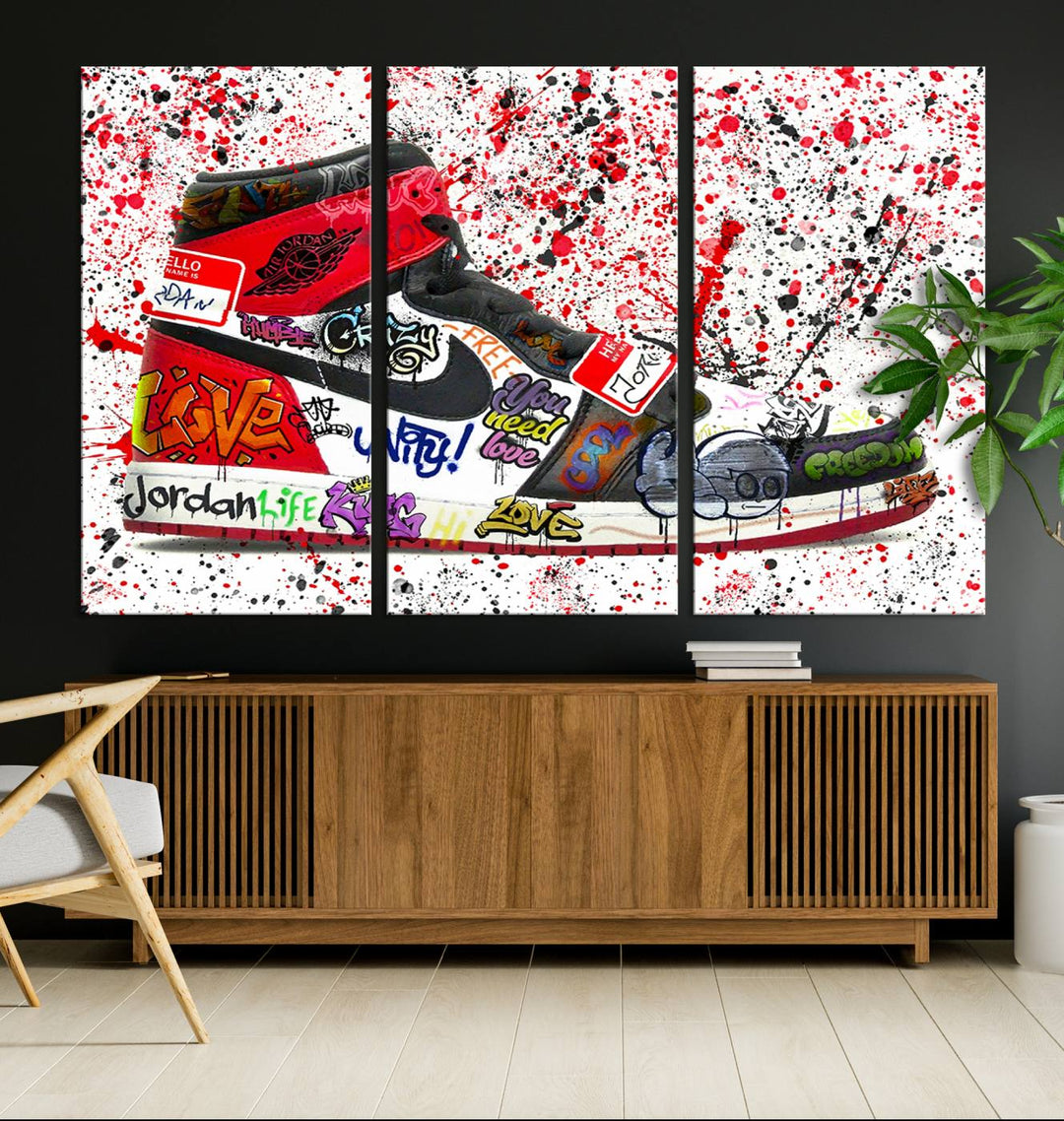 A Jordan Shoes Graffiti Canvas Print hangs prominently, perfect for sneakerheads and urban art lovers.