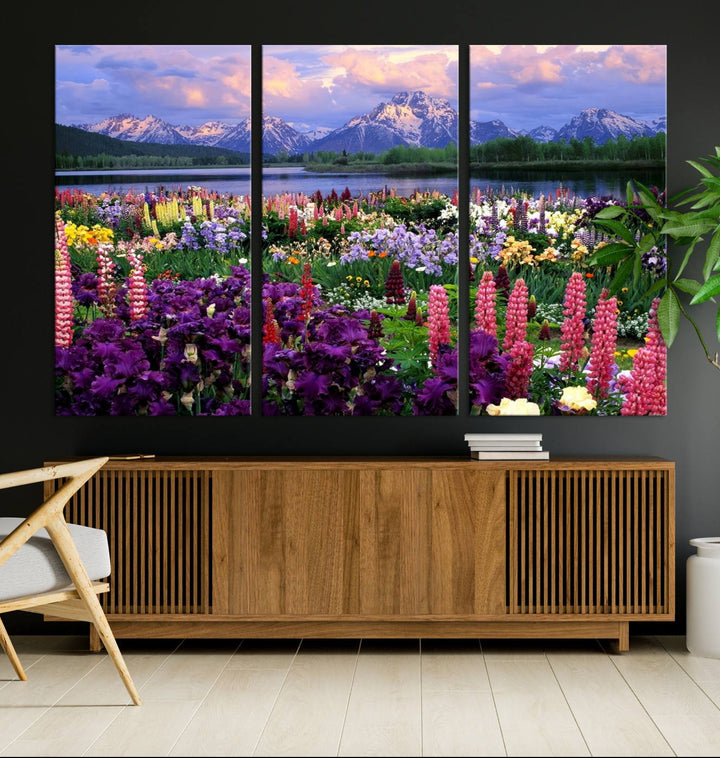 A Vibrant Wildflower Garden and Mountain View Giclee Print is displayed prominently on the wall.