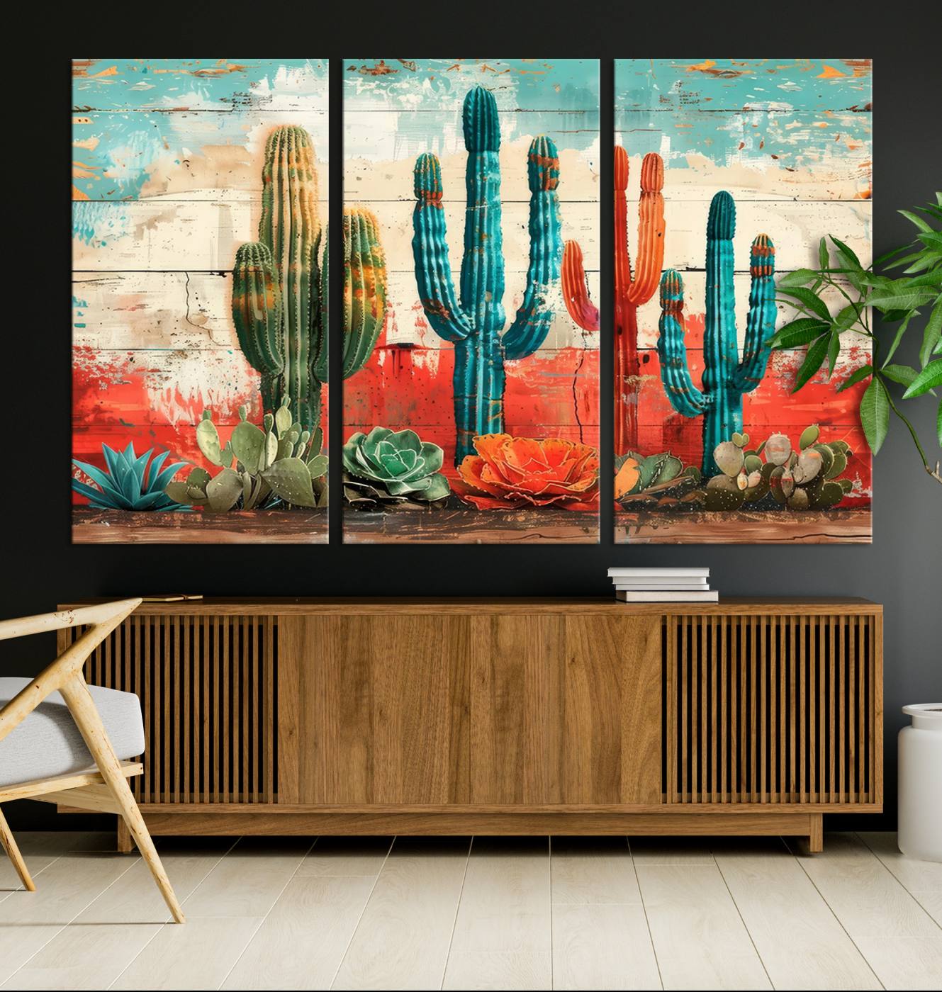 A vivid southwestern-style artwork featuring an eclectic mix of cacti and succulents painted against a textured, rustic wood backdrop in rich turquoise, red, and orange hues.