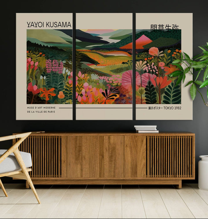 A Yayoi Kusama Landscape Canvas Print brightens the wall with vibrant floral and mountain art.