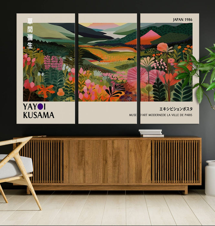 Yayoi Kusamas Landscape Canvas Print with vibrant floral mountain art adorns the wall.