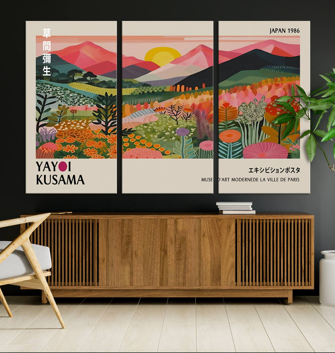 The wall art includes a vintage world map and Yayoi Kusamas colorful landscape.