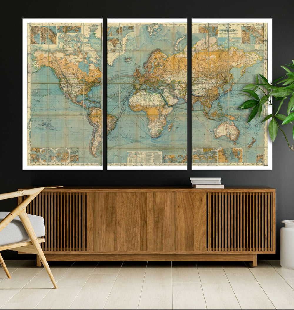 The living room features an Ancient Nautical World Map Canvas Print.