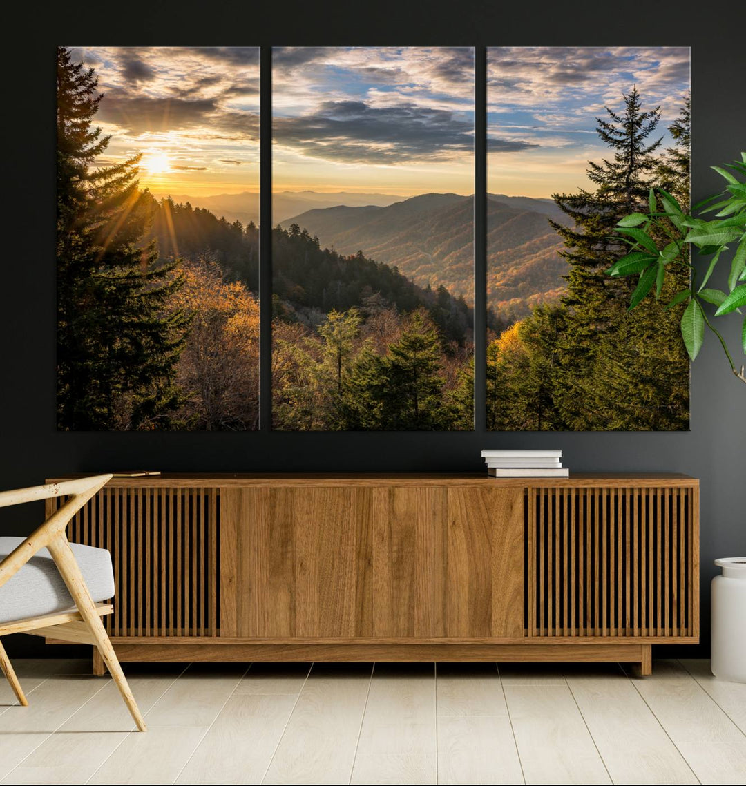 The dining area is beautifully decorated with the Sunrise Over the Smoky Mountains Canvas Wall Art – a breathtaking scenic landscape photography in a stunning triptych that's ready to hang.