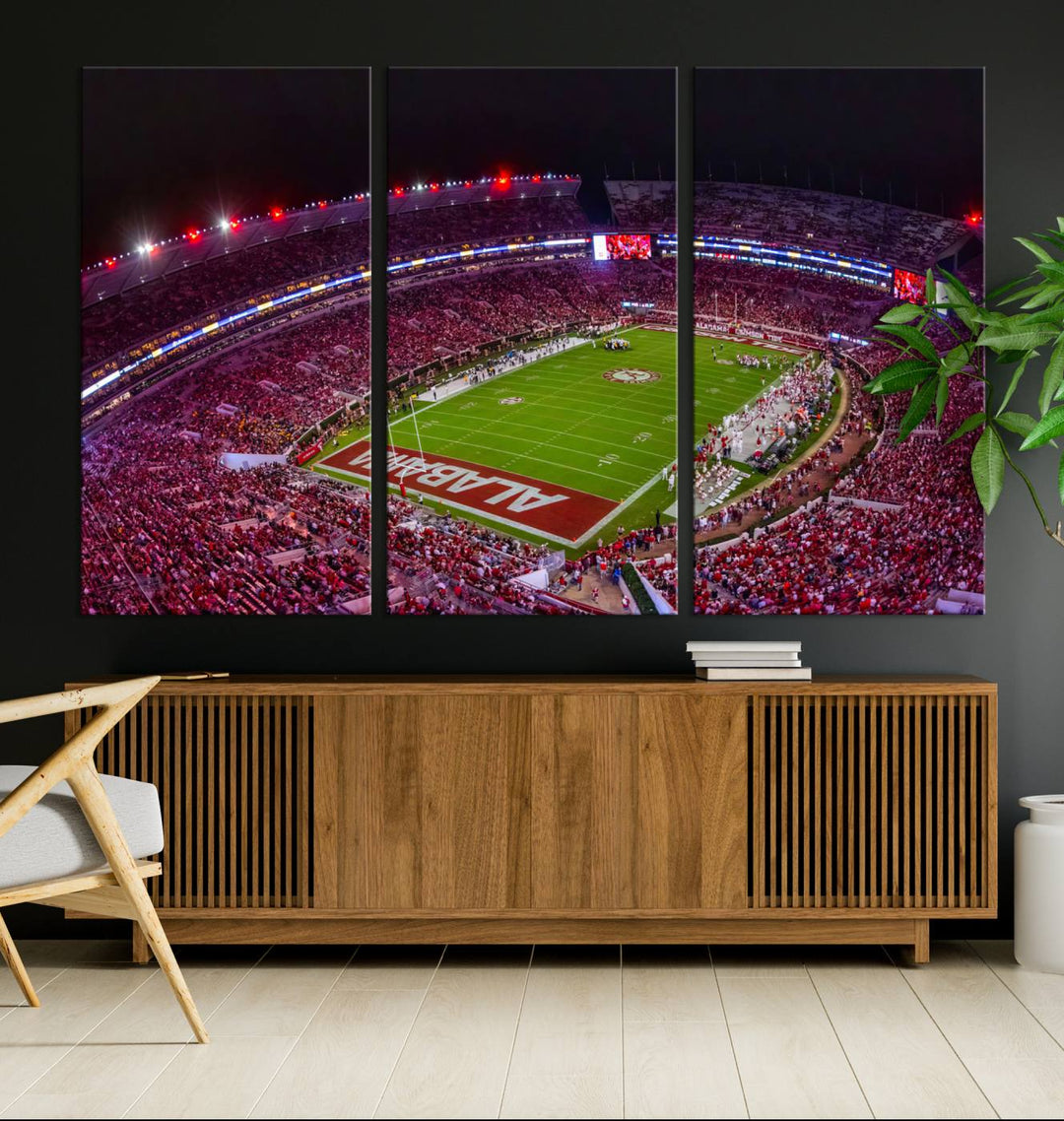 The living room features a Bryant-Denny Stadium Night Game Triple Canvas Wall Art.