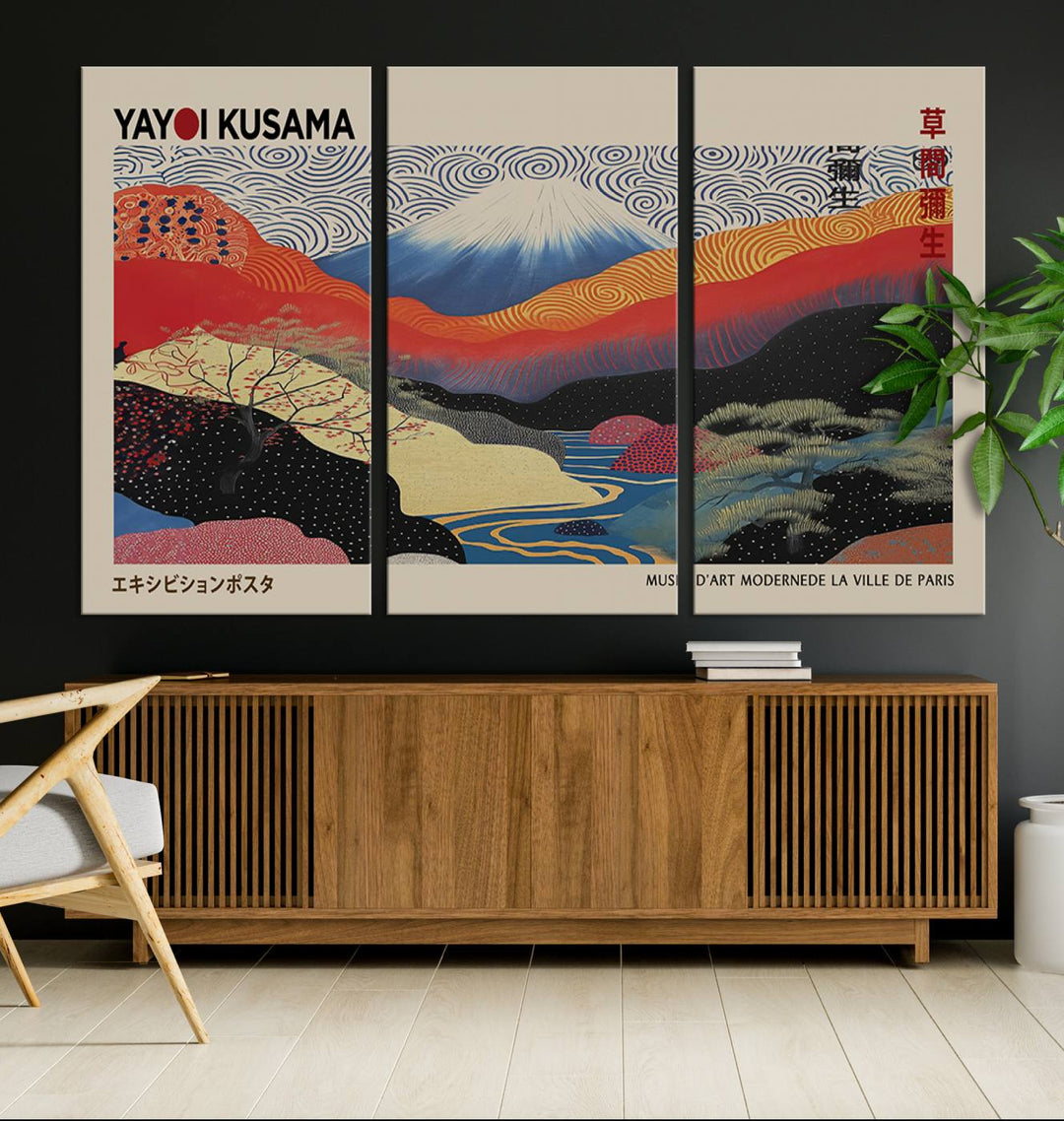 A framed Yayoi Kusama 1986 wall art print, showcasing vibrant abstract landscapes with a Wabi Sabi influence, is prominently displayed as a Japanese wall art piece.