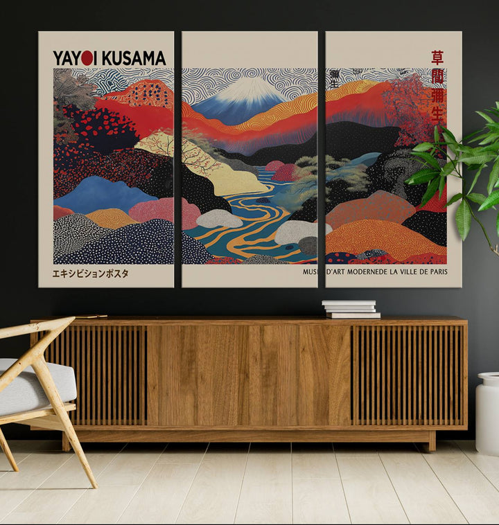 The room showcases Kusamas 1986 vibrant abstract landscape wall art print.