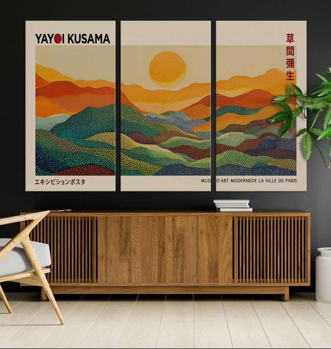 The vibrant abstract landscape depicted in the three-panel "Framed Yayoi Kusama 1986 Wall Art Print" seamlessly integrates nature-inspired décor.