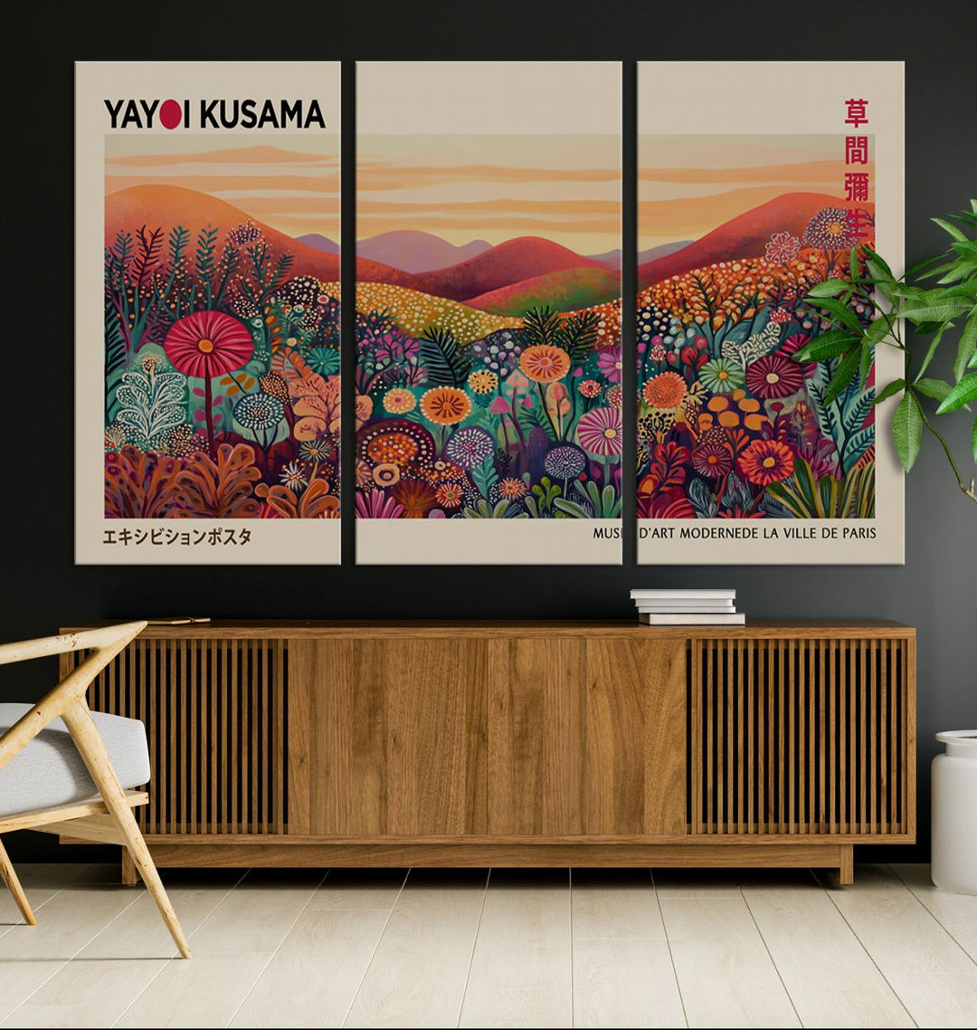 A framed Yayoi Kusama abstract landscape art print adorns the wall.