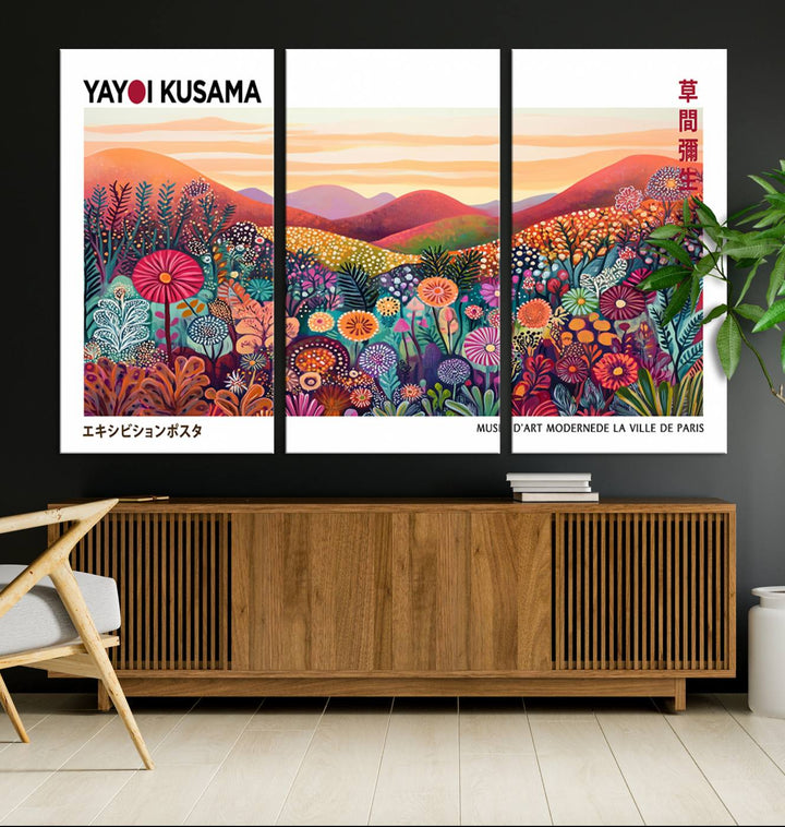 A Framed Yayoi Kusama 1986 Wall Art Print, showcasing a vibrant abstract landscape with flowers and reflecting the Wabi Sabi style, is displayed.