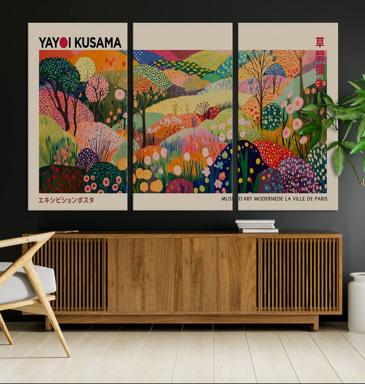 The Framed Yayoi Kusama 1986 Wall Art Print, a vibrant abstract landscape canvas inspired by Japanese design, adds a striking element to the bright room.