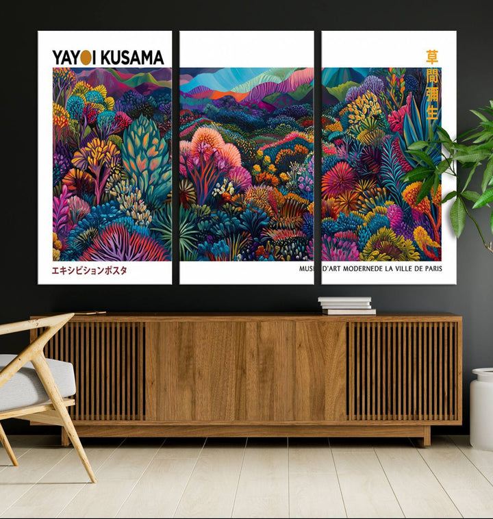 A framed Yayoi Kusama print hangs on the wall.