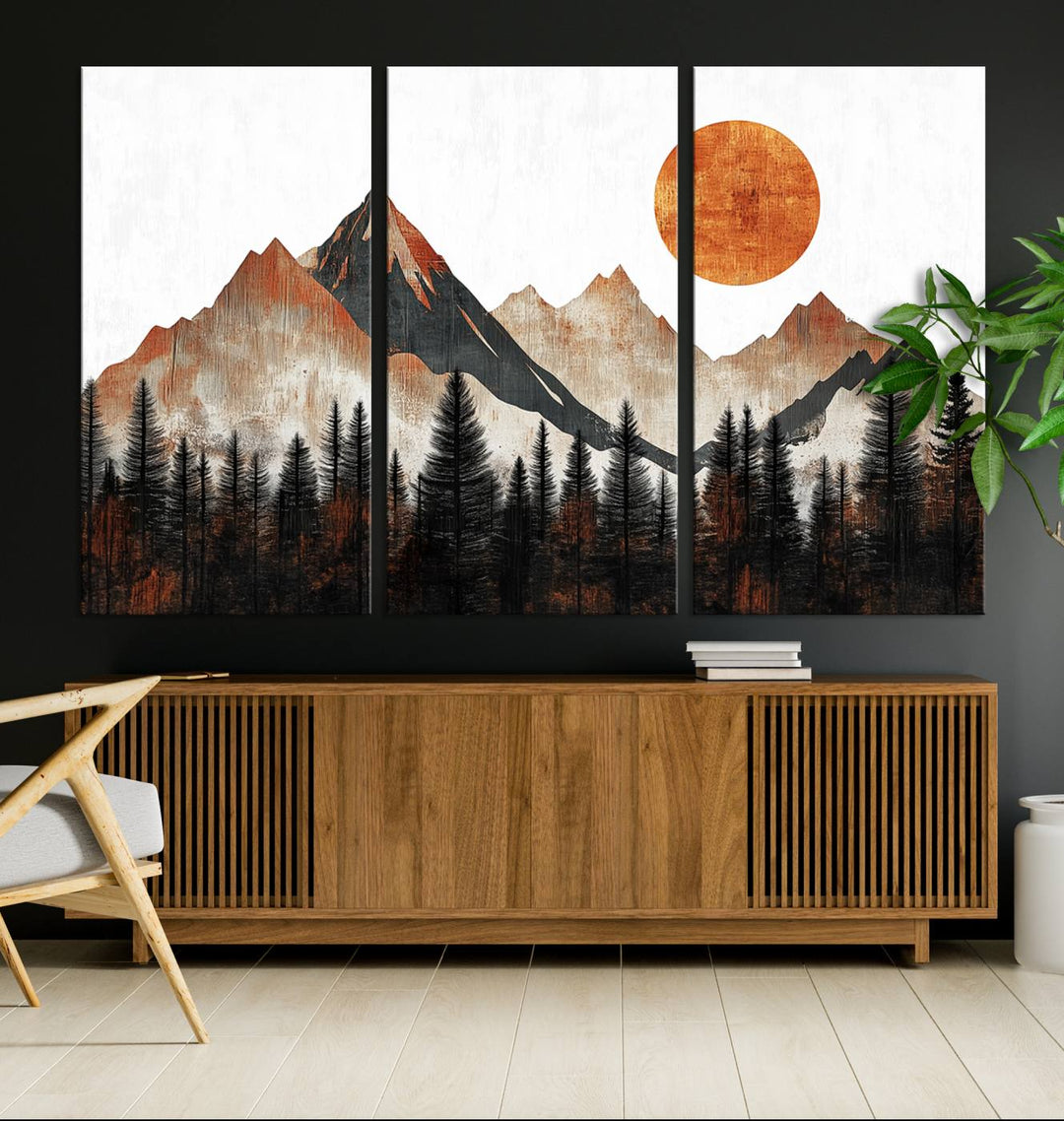 The "Modern Abstract Mountain Canvas Wall Art Print" in the living room features an abstract landscape of mountains, trees, and a warm-toned sun.