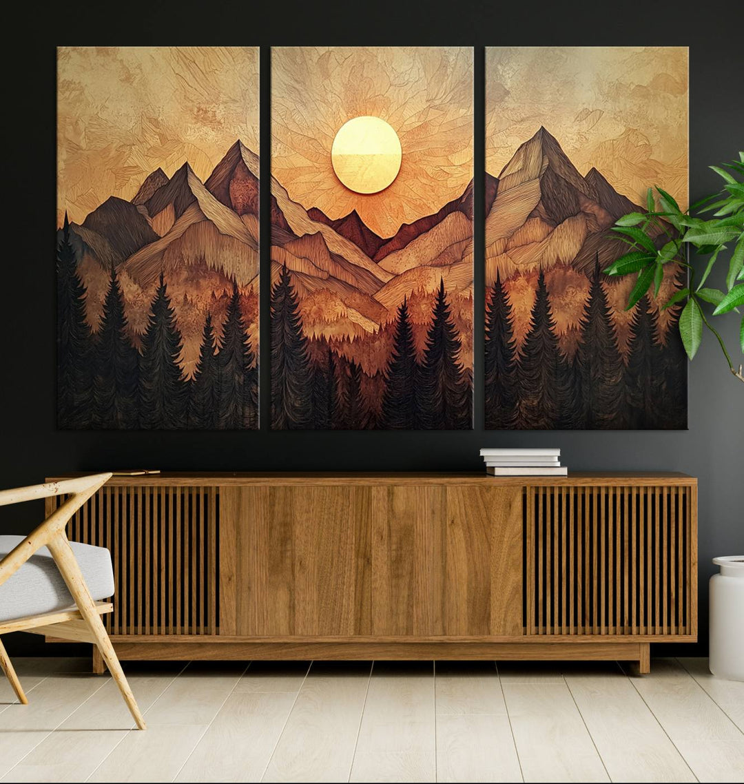 The dining area features a Wood Style Abstract Mountain Sunset canvas wall art print.