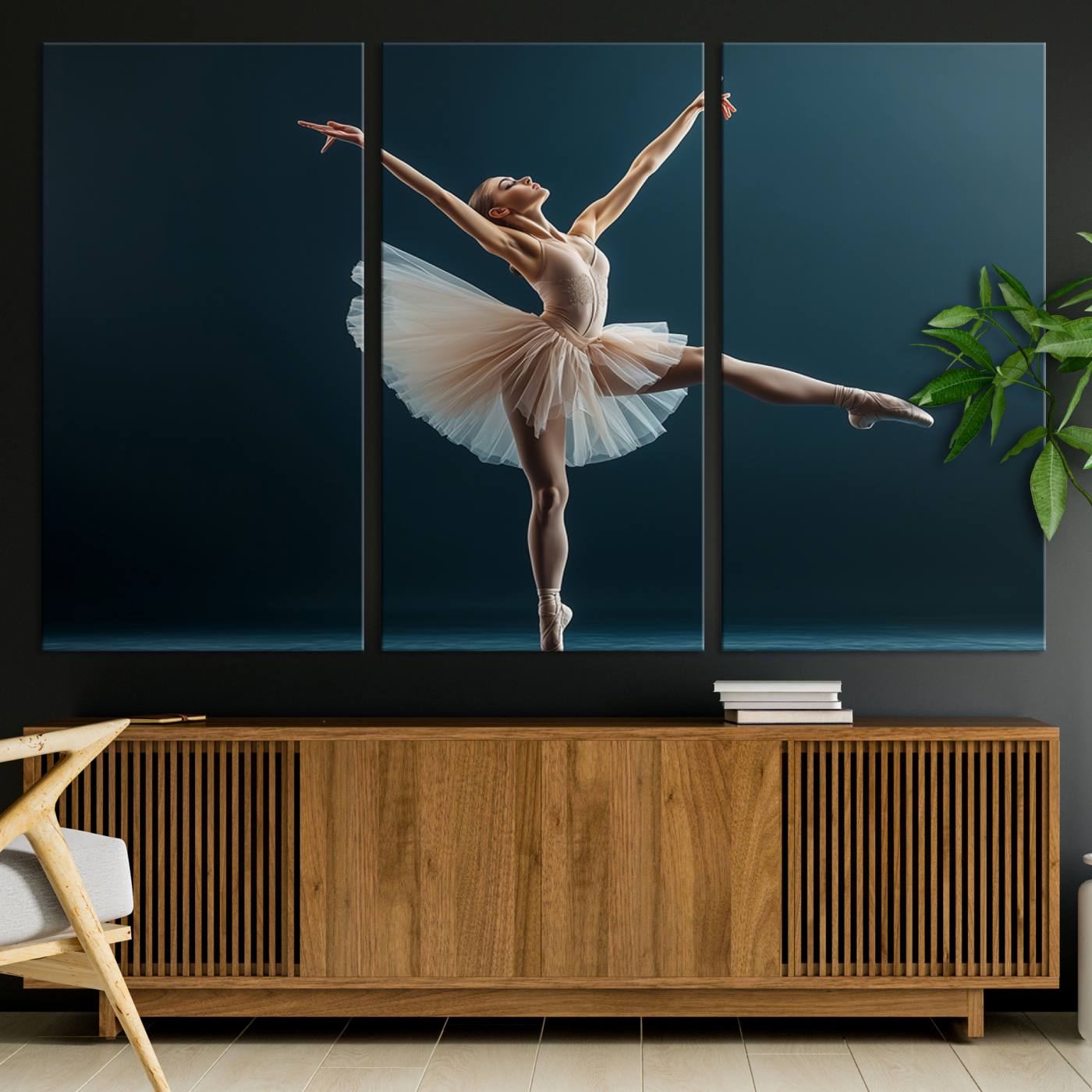 An elegant ballerina captured mid-pose on pointe, radiating grace and strength in a perfectly lit studio setting, her tutu fanned out in delicate symmetry.