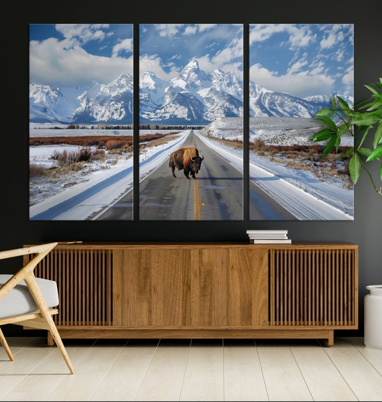 75997-MGV-CV-48X32-3P-Bison Snowy Road Wall Art – Framed Mountain Landscape Canvas Artwork, Wild Nature Design, Rustic Western Decor for Home, Office