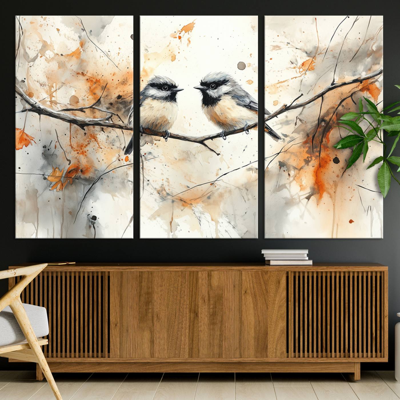 A soft and elegant watercolor painting of two chickadees perched on a delicate branch, surrounded by splashes of orange and neutral tones evoking a calm autumn day.