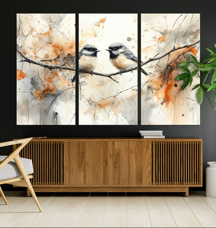 Abstract Watercolor Chickadee Bird Canvas Wall Art Print - Large Bird and Branch Wall Art, Modern Wildlife Wall Decor