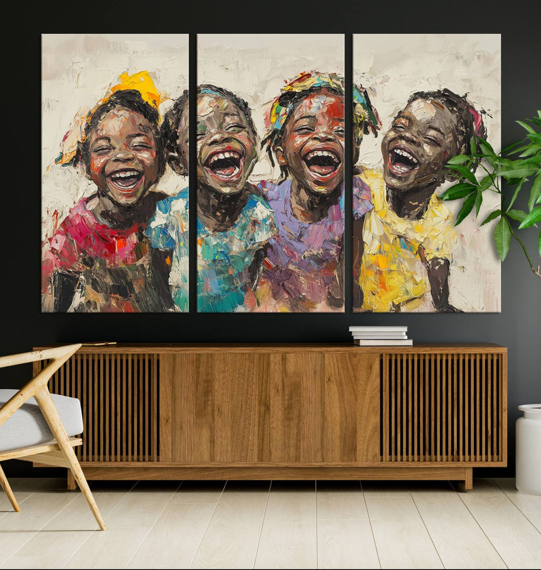 The Shai Yossef style "Joyful Childhood Canvas Wall Art" beautifully depicts an expressive impasto painting of three cheerful black children laughing, capturing the joyous essence of childhood.