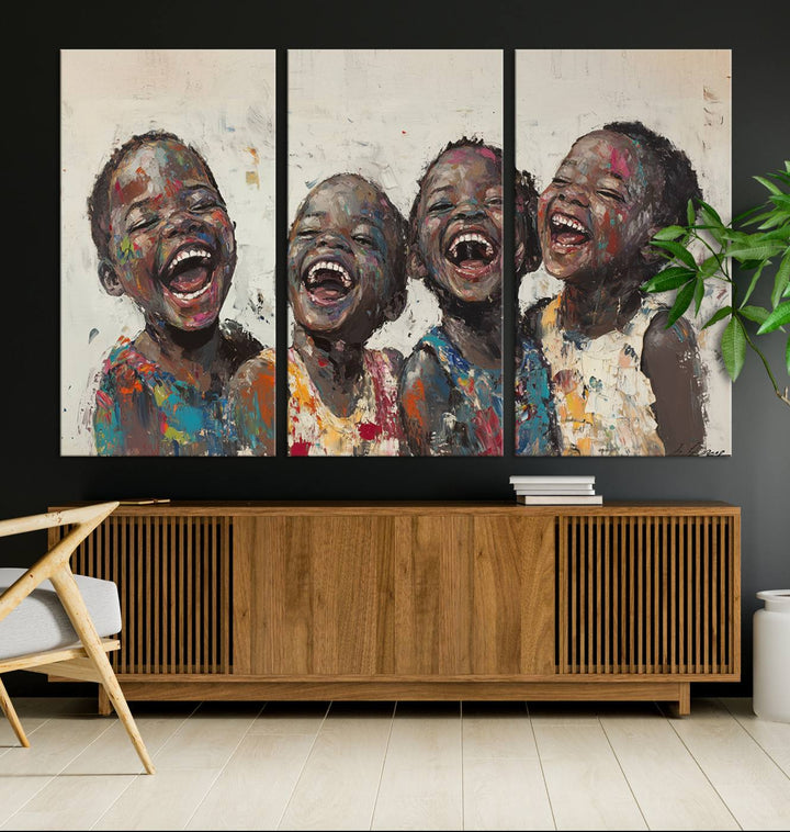 This Shai Yossef Print - Joyful Childhood Canvas Wall Art is an expressive impasto painting of laughing children. As framed abstract art for your living room, it adds a touch reminiscent of Shai Yossef's unique style to any living space.