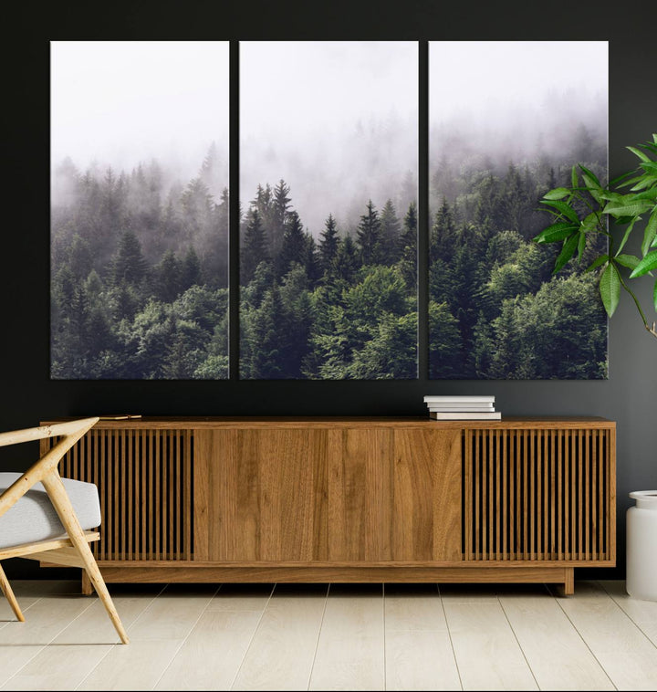 A serene triptych nature print featuring a misty forest, perfect as wall art.