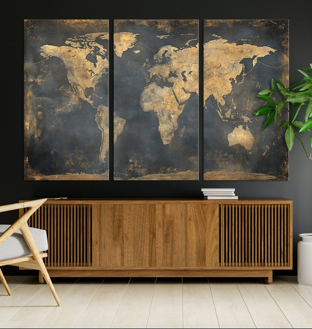 Grunge World Map Canvas Wall Art - Vintage Aged World Map with Golden Tones, Framed Artwork for Living Room, Office, or Study Decor