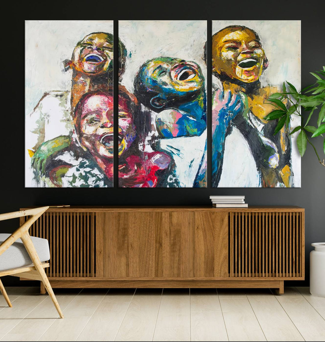 A vibrant Shai Yossef canvas art of joyful kids hangs prominently.