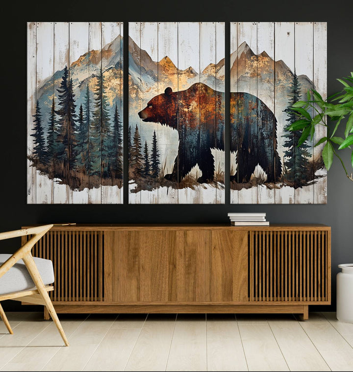 The living room features Rustic Grizzly 399 bear wall art, adding a cozy touch to the setup.