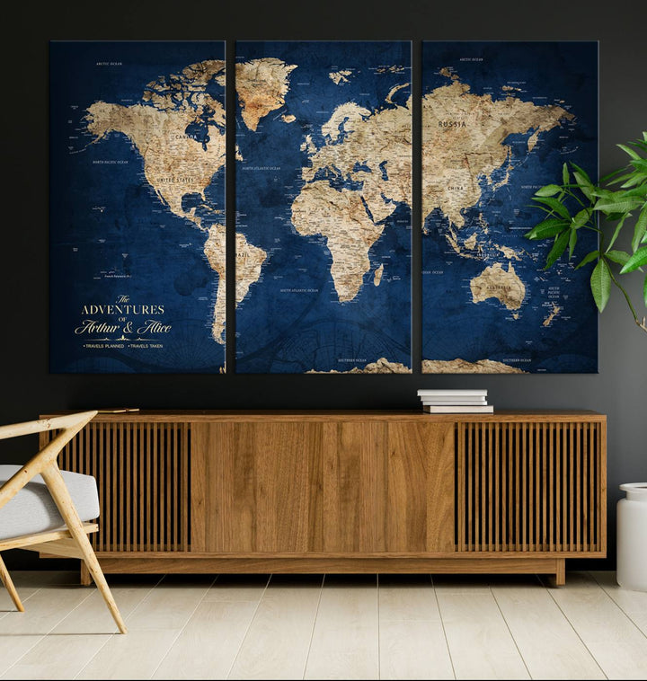 A Personalized Custom World Map Canvas Print on blue hangs prominently.