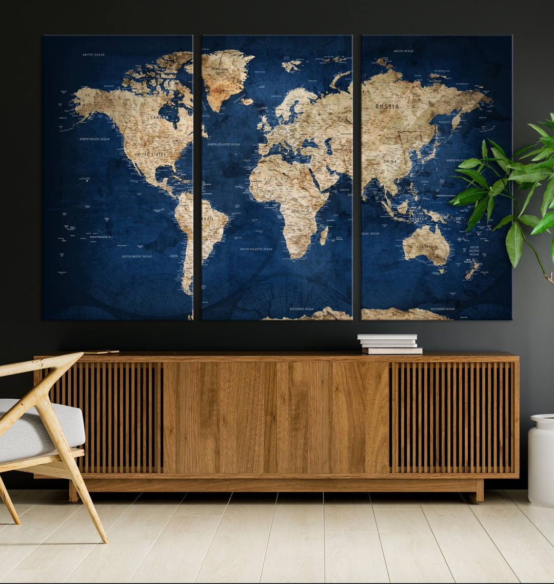 A personalized world map canvas print hangs above.