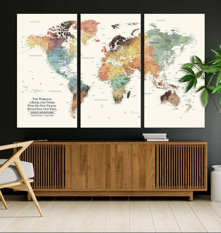 A colorful Personalized World Map Canvas Print, ideal as wall art for living room or office.