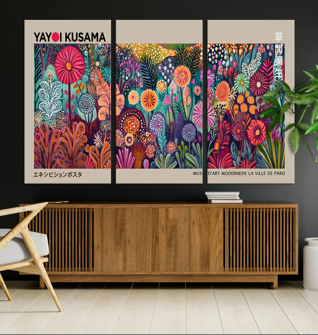 A vibrant Yayoi Kusama Wall Art Canvas Print is held on a porch.