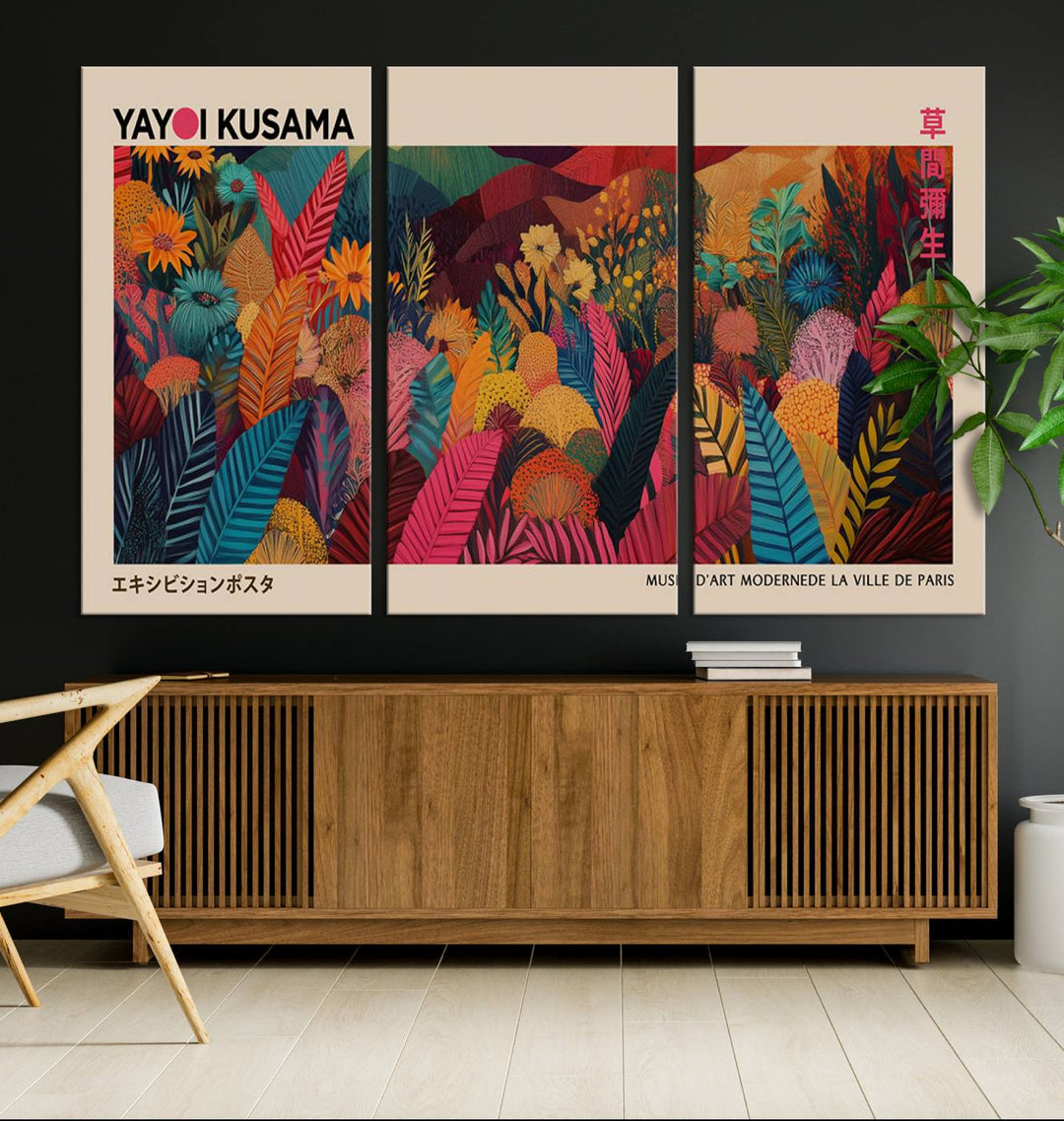 The Yayoi Kusama Inspired Wall Art Canvas Print features colorful flowers and foliage, presented with a premium canvas and gallery-quality finish.