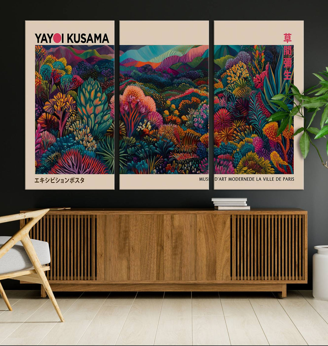 The Yayoi Kusama Wall Art Canvas Print features a vibrant and colorful landscape with abstract vegetation, perfectly capturing the essence of Japanese Wabi Sabi aesthetics.