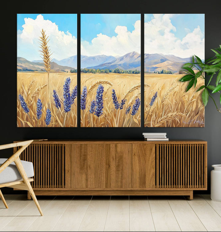 Abstract Wheat Field Wall Art, featuring a scenic landscape canvas print of golden wheat and lavender, adds charm to any farmhouse or rustic decor.