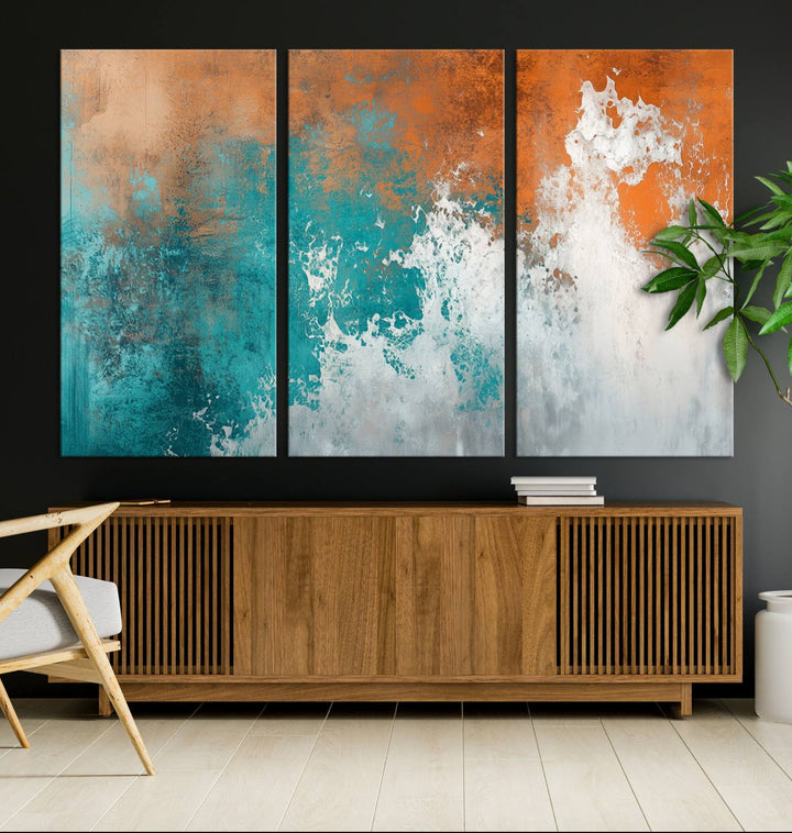 Vintage Abstract Print - Bold Teal and Orange Canvas Wall Art - Retro-Vintage Abstract Orange Canvas for Modern Decor