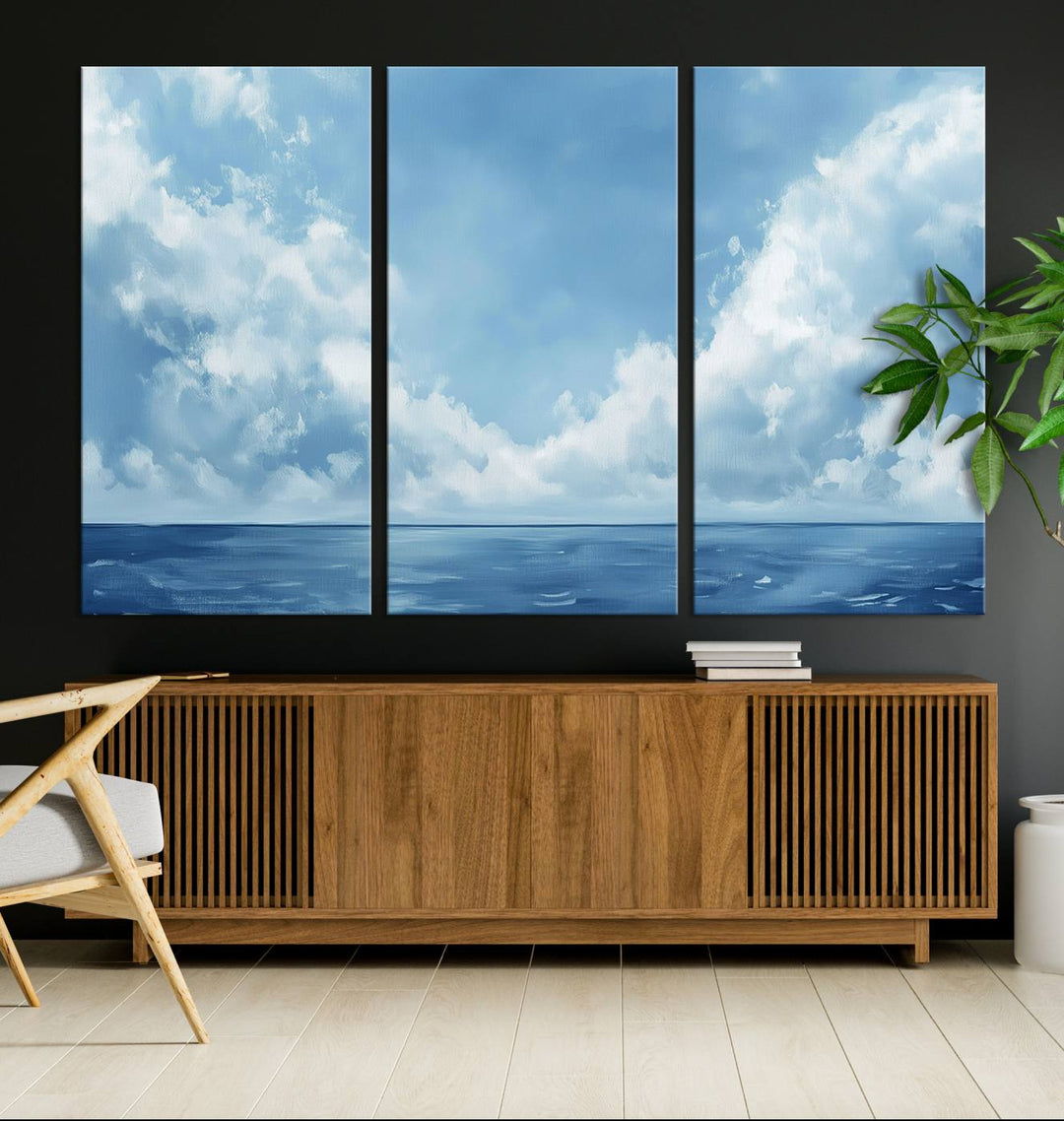 Abstract Ocean Print - Serene Blue Canvas displayed on a porch featuring minimalist decor.