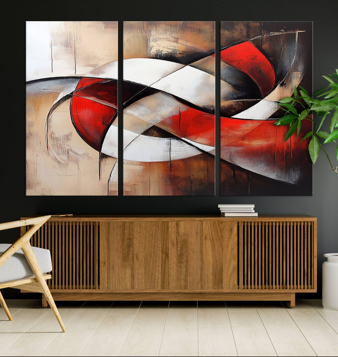 The Abstract Wall Art - Modern Red and White Canvas is displayed prominently in front of an entrance.