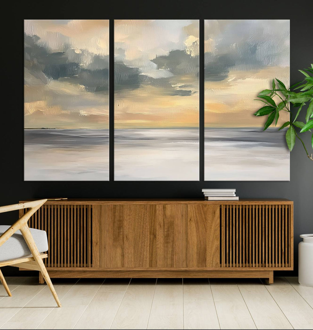 The Modern Coastal Wall Art Canvas Print features vibrant abstract ocean waves and clouds.