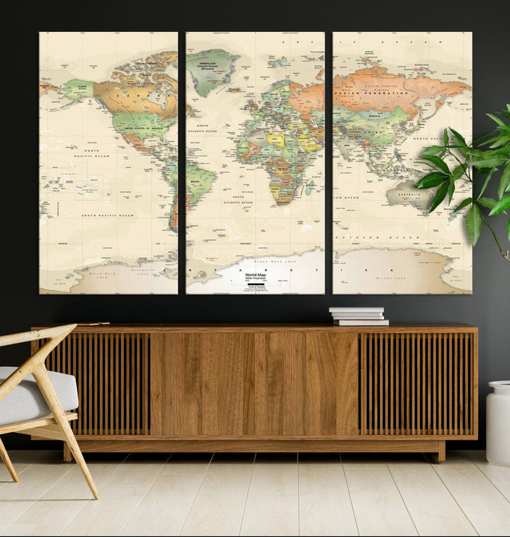 The Large Push Pin World Map Wall Art Canvas Print, with a gallery-quality finish, is carefully crafted on premium canvas and handmade in the USA. This piece adds a touch of elegance to any space.