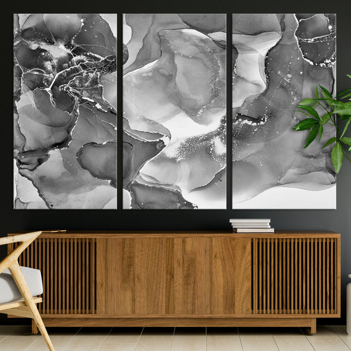 Black White Abstract Canvas Wall Art - Fluid Ink Artwork - Modern Luxury Wall Decor for Contemporary Interiors