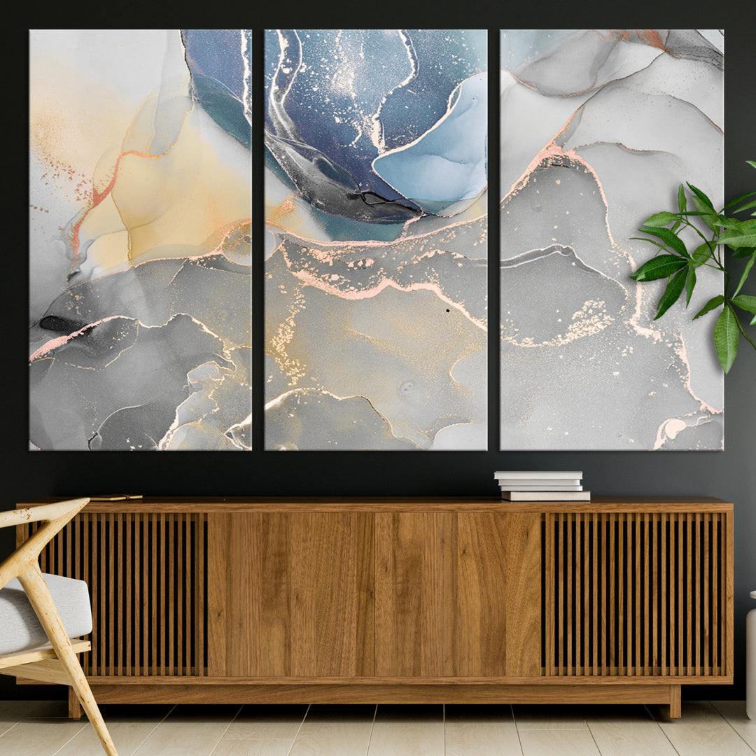 Large Abstract Blue and Gold Canvas Wall Art | Fluid Ink Artwork Print | Luxury Wall Decor for Contemporary Interiors | Framed Blue and Gold