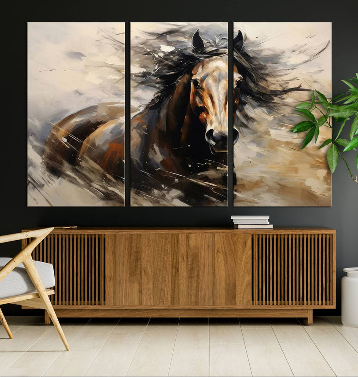 The Abstract Wall Art Horse Print adds rustic charm.