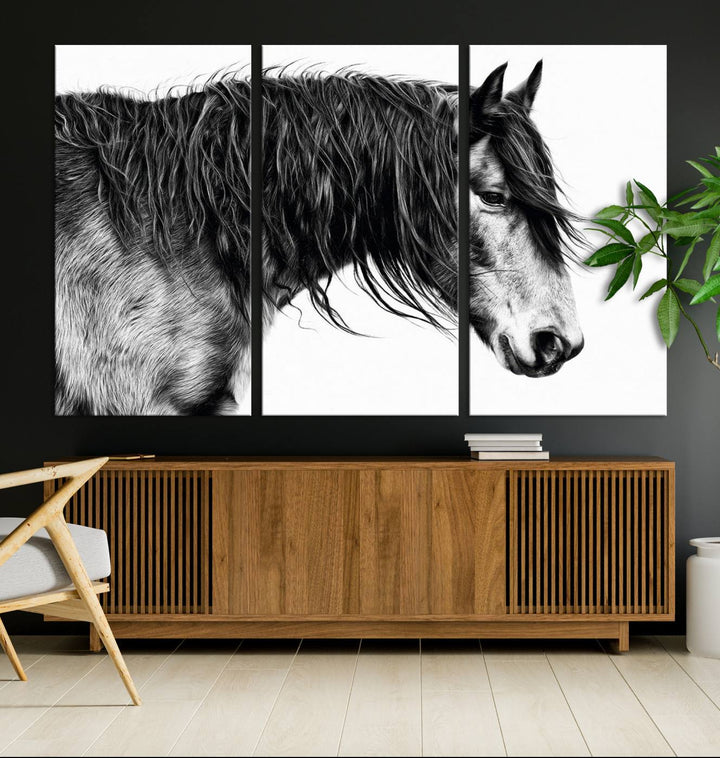 Black Horse Wall Art Canvas Print for farmhouse decor on the kitchen wall.