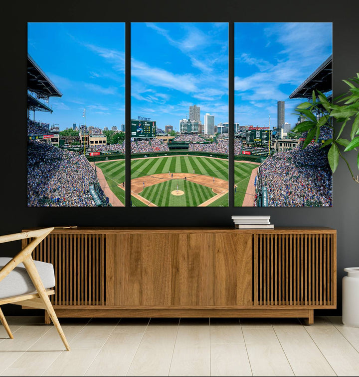 The Wrigley Field Chicago Cubs canvas art, depicting the iconic stadium, is perfect for sports lovers.