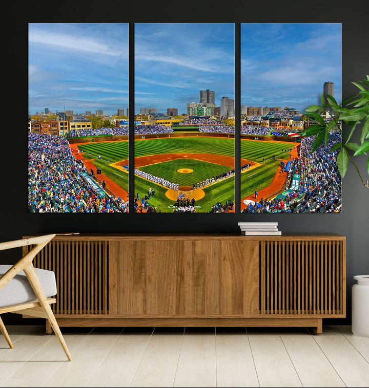 The Wrigley Field Cubs Panoramic Canvas Art hangs prominently in the modern living room.