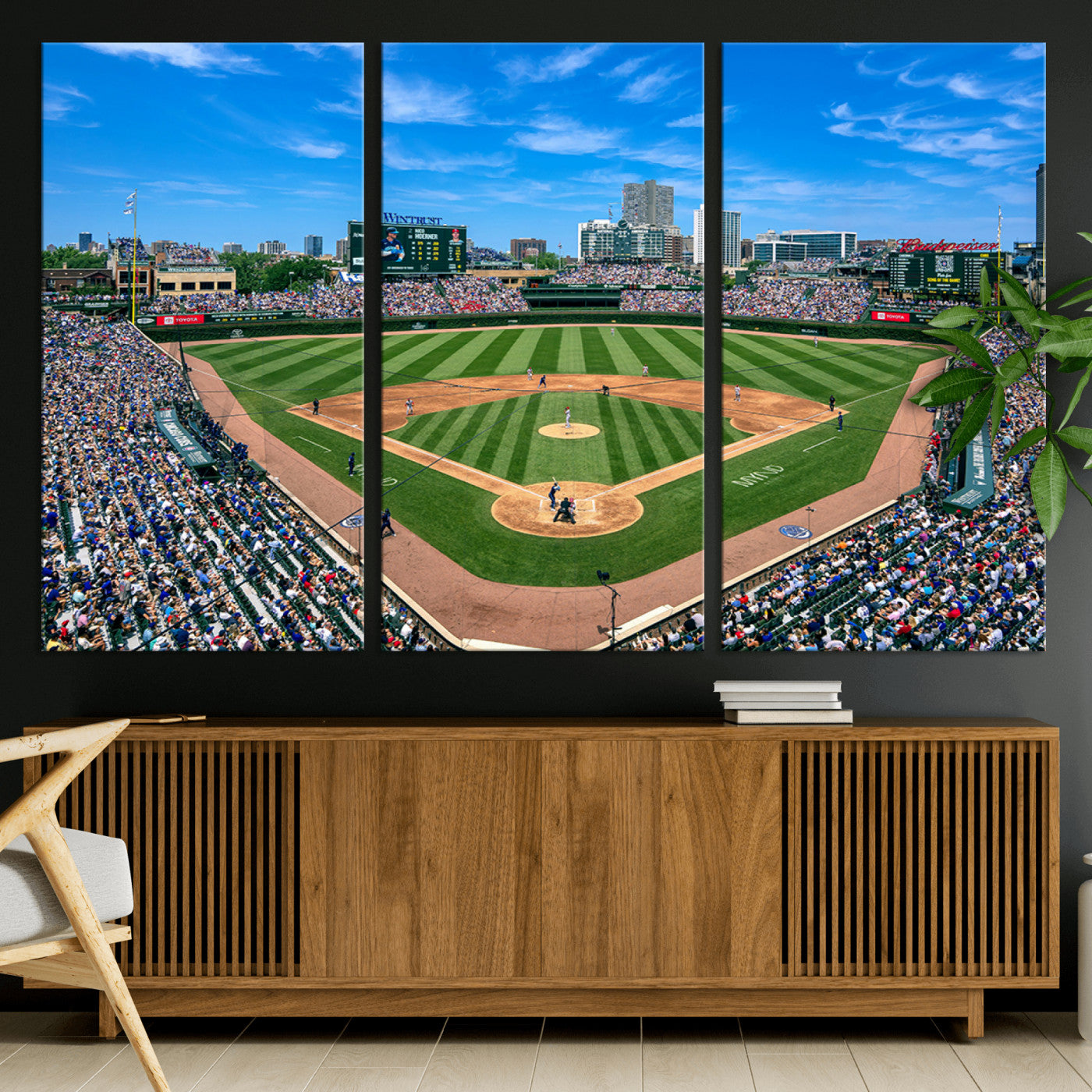 26064-MGV-CV-30X20-Framed Wrigley Field Chicago Cubs Print, Panoramic Multi Piece Canvas Wall Art - Iconic Baseball Stadium Print for Sports Lovers - Ready to