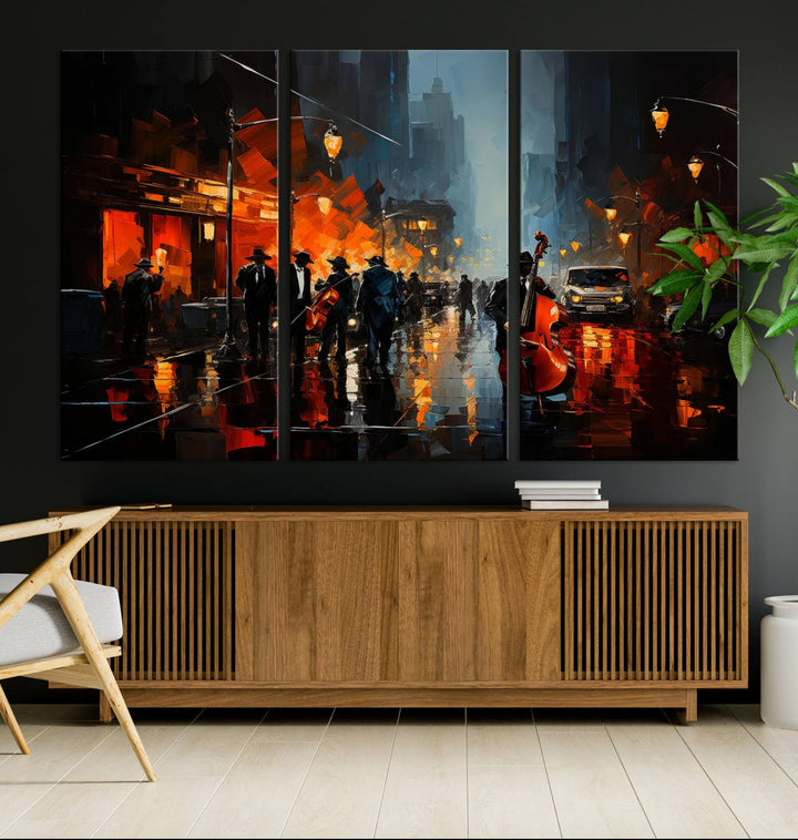 Framed Abstract Music Canvas: Jazz musicians on a rainy city street at night, with warm lights reflecting on wet pavement.