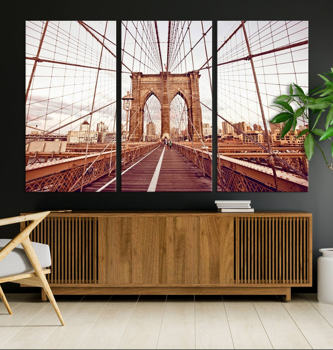 The three-panel "Wall Art New York Manhattan Cityscape Canvas Print" of the Brooklyn Bridge makes an ideal addition to minimalist interiors, capturing the essence of abstract expressionism.