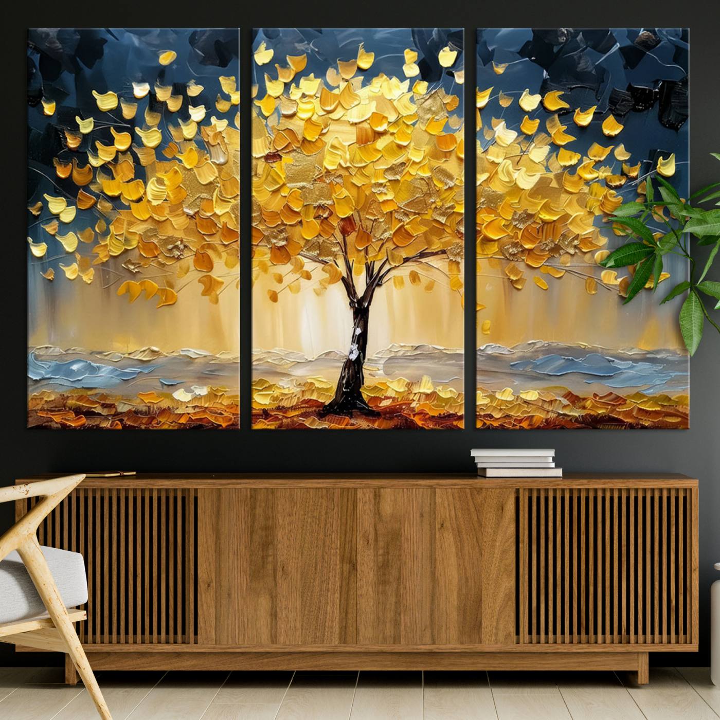A stunning impasto painting captures the golden hues of autumn with a vibrant tree glowing against a dramatic blue and brown backdrop.